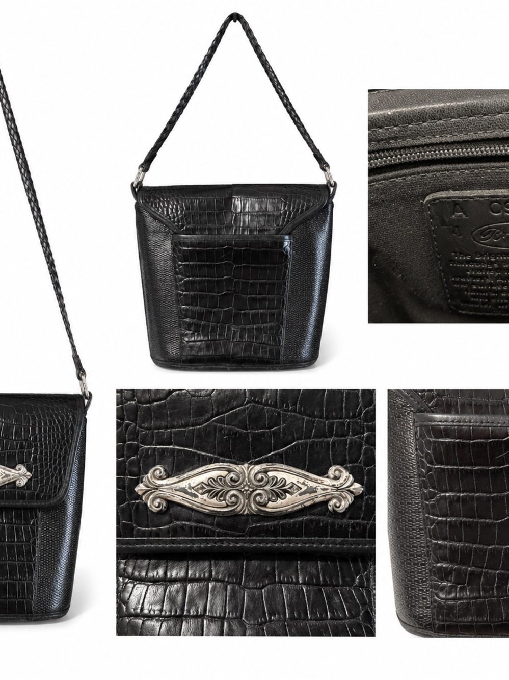 Brighton Black Croc-Embossed Leather Shoulder Bag with Silver Accent